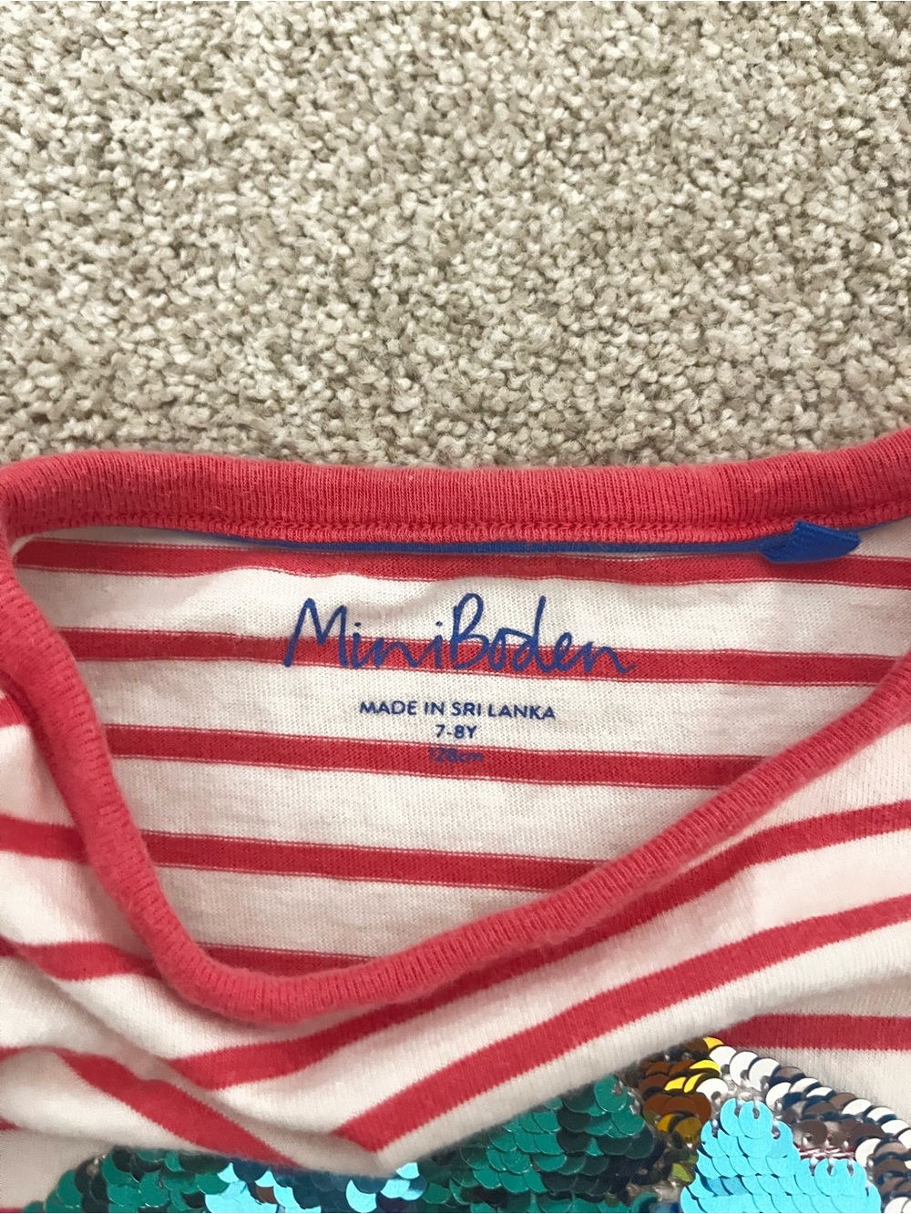 Mini Boden Red & White Striped Tee with Blue-Green Sequin Circle - Picture 3 of 3